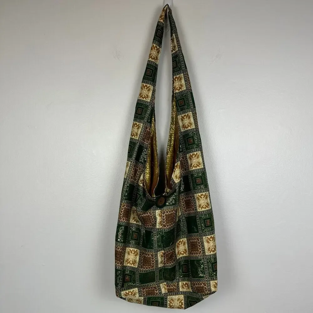 Womens Bohemian Tribal Button Closure Ethnic Green/Gold Shoulder Crossbody Bag